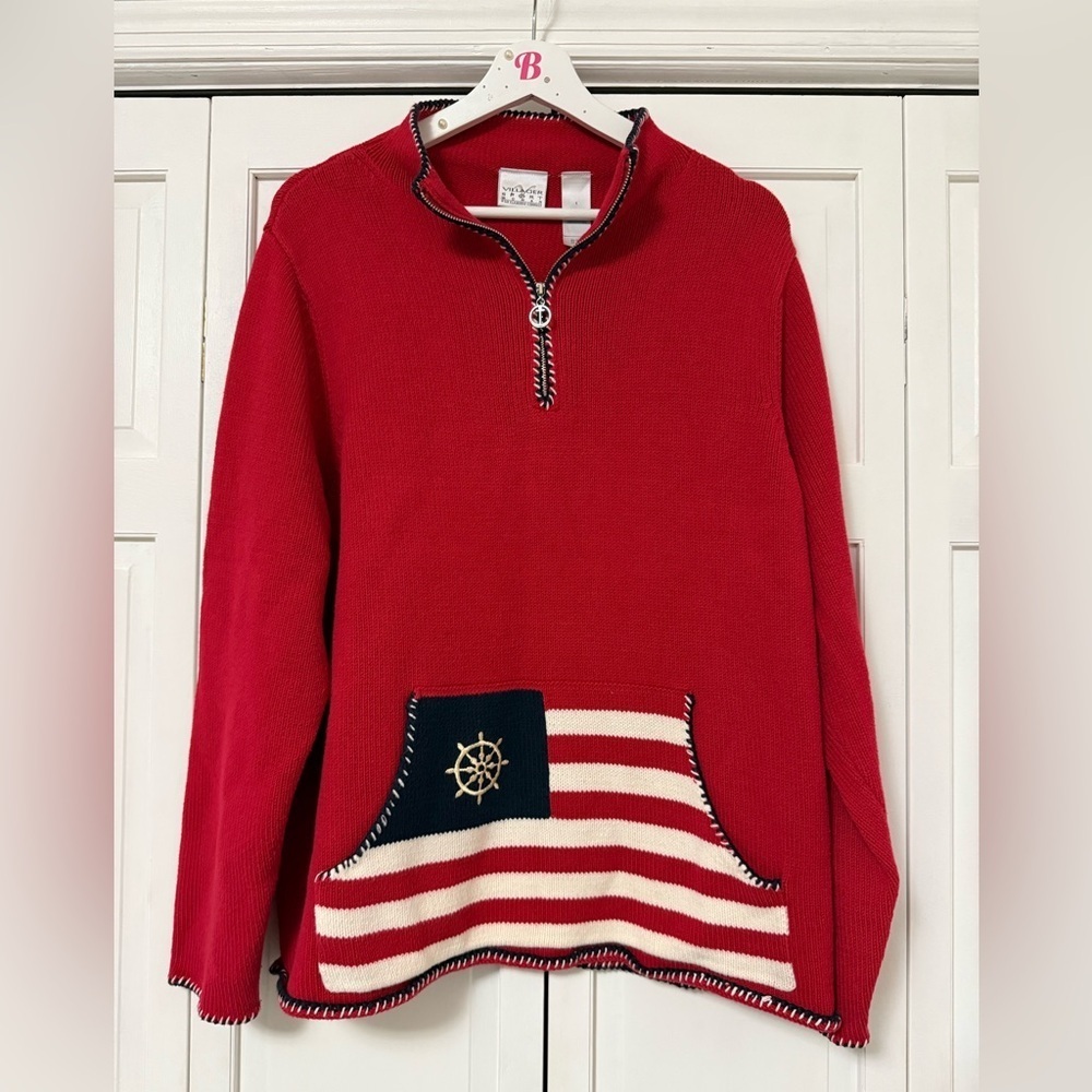 Villager Sport Sweater Sailor Nautical Ship Old Money 1/4 Zip Front Pouch XL